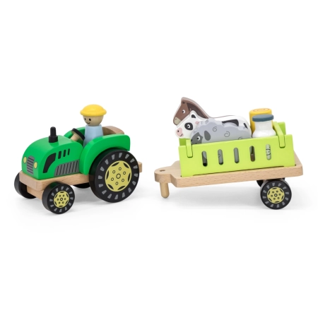 Viga Drewniany traktor z przyczepką i zwierzętami