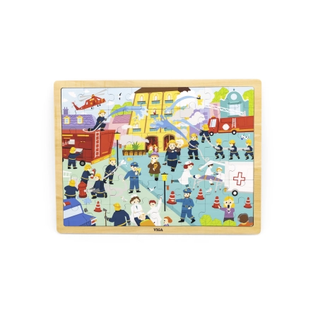 Viga 44581 Drewniane Puzzle na podkładce 48 elementów - poznajemy pracę strażaka
