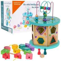 Drewniana multikostka edukacyjna 4w1 dla dzieci– sorter przeplatanka planszówka