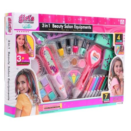 Mega zestaw do stylizacji 3w1 dla dziewczynki – Kolorowe włosy + Manicure + Tatuaże