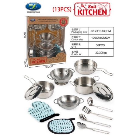 Zestaw Metalowych Garnków dla dzieci 3+ Przybory Kuchenne + Fartuch + Akcesoria 13 el.