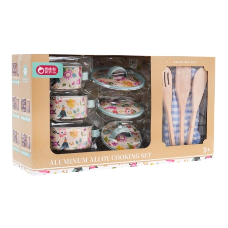 Zestaw aluminiowych Garnków dla dzieci 3+ Akcesoria 10 el. + Przybory kuchenne + Rękawica kuchenna