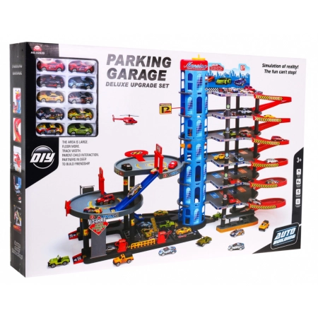 Parking dla samochodów 7-poziomowy + Helikopter + 10 Autek + Winda + Zjeżdżalnie
