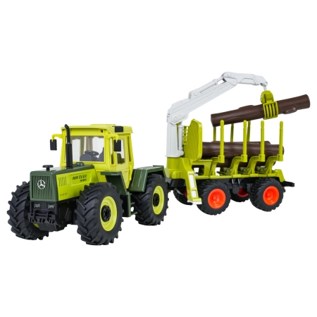 Traktor Zielony 1:24 z Pilotem Mercedes Benz + Przyczepa na Drewno z Dźwigiem