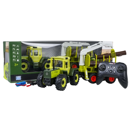 Traktor Zielony 1:24 z Pilotem Mercedes Benz + Przyczepa na Drewno z Dźwigiem