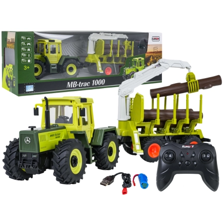 Traktor Zielony 1:24 z Pilotem Mercedes Benz + Przyczepa na Drewno z Dźwigiem